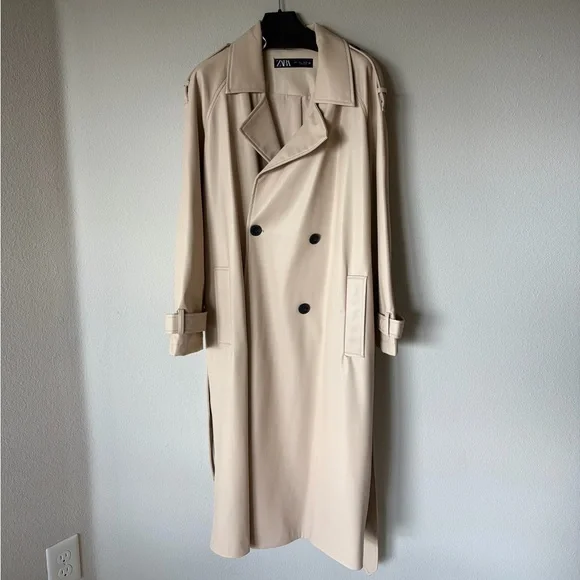 ZARA Cream Faux Leather Trench Coat – Size L - Great Condition - Picture 1 of 9